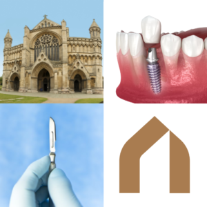 Alban City Dental logo alongside St Albans Cathedral, a dental crown and a surgeon's scalpel
