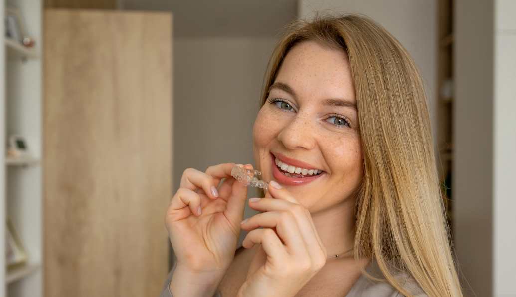 why choose invisalign women holding clear aligners